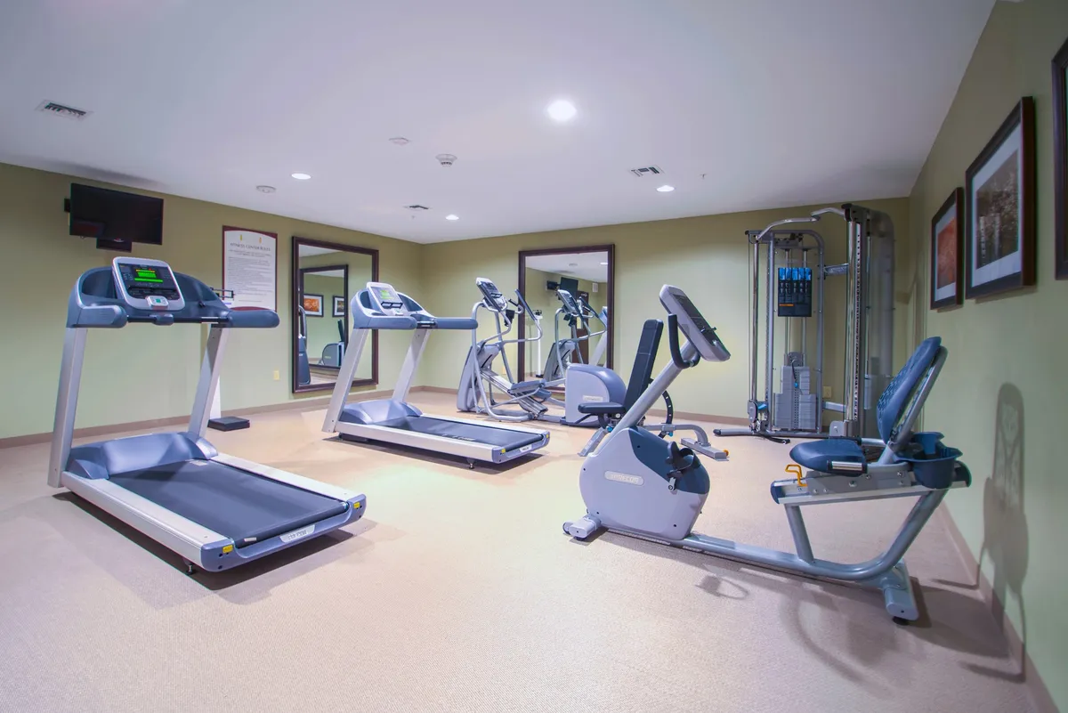 A modern fitness center featuring an array of exercise equipment including treadmills, ellipticals, an exercise bike, and multigym machines. The bright, spacious setting is designed to encourage guests to maintain their fitness routines while traveling.